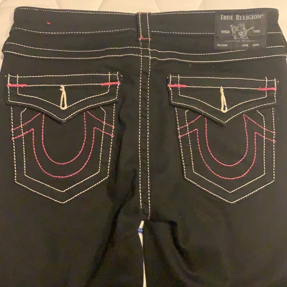 Black true religion jeans pink and cream stiching  size 30waist bootcut worn onc